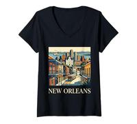 Mujer Nueva Orleans Luisiana Retro Vintage Tranvía Barrio Francés Camiseta Cuello V