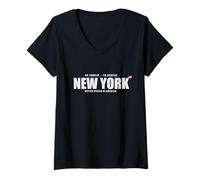 Mujer Nueva York City - Estados Unidos con coordenadas y Bandera pequeña Camiseta Cuello V