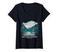 Mujer Nueva Zelanda Caminata Milford Sound Outfit Fiordo Senderismo Camiseta Cuello V