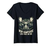 Mujer Nuevo Hampshire Live Free Or Die Moose Vintage Souvenir Camiseta Cuello V