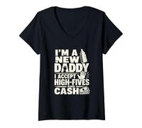 Mujer Nuevo Padre Papá Anuncio High Five Humor Camiseta Cuello V