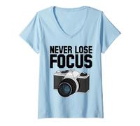 Mujer Nunca pierdas el foco, cámara retro, fotógrafo Camiseta Cuello V