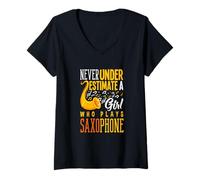 Mujer Nunca Subestimes a la Chica con saxofón Divertido saxofón Camiseta Cuello V