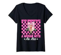 Mujer Nunca subestimes a una mujer con un lanzador de hachas lanzando hachas Camiseta Cuello V