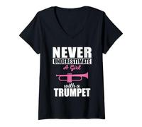 Mujer Nunca Subestimes a una Mujer con un trompetista Camiseta Cuello V