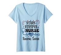 Mujer Nurse 4th of July Funny Scrub Stars Stripes and Saving Lives Camiseta Cuello V