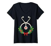 Mujer Nurse Christmas Stethoscope Wreath Holly Berry Xmas Nursing Camiseta Cuello V