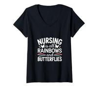 Mujer Nursing Is All Rainbows And Butterflies Médico ----- Camiseta Cuello V