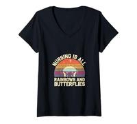 Mujer Nursing Is All Rainbows And Butterflies Médico Camiseta Cuello V
