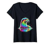 Mujer Nutria Colorida, Nutria Con Mar Del Río Camiseta Cuello V