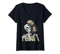 Mujer Nutria Rata Esqueleto Halloween Camiseta Cuello V