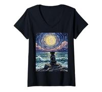 Mujer Obra de Arte Black Labrador Starry Night Puppy at The Beach Camiseta Cuello V