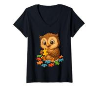 Mujer Obra de arte de búho, bonito diseño para los amantes de los búhos y rompecabezas Camiseta Cuello V