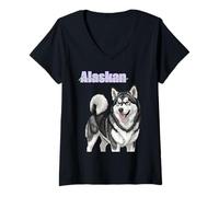 Mujer Obra de Arte de Dibujo de Perro Malamute de Alaska Camiseta Cuello V