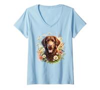 Mujer Obra de arte de flores silvestres con diseño de perro perdiguero rizado Camiseta Cuello V