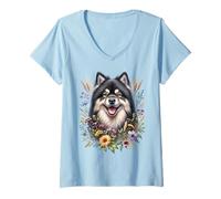 Mujer Obra de arte de flores silvestres de verano de perro lapphund sueco Camiseta Cuello V