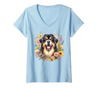 Mujer Obra de arte de flores silvestres de verano de perro mastín tibetano Camiseta Cuello V