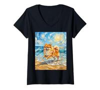 Mujer Obra de Arte de Pomerania Starry Night Dog at The Beach Camiseta Cuello V