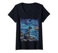 Mujer Obra de Arte Estilo Cane Corso Dog at The Beach Starry Night Camiseta Cuello V