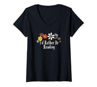Mujer Obra de Arte Floral Vintage, Prefiero Estar Leyendo Diciendo Camiseta Cuello V