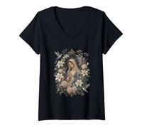 Mujer Obra de Arte Vintage de oración Mariana Floral de colibrí Camiseta Cuello V