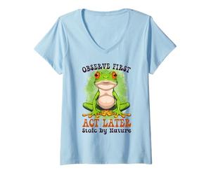Mujer Observa Primero, Actúa Después - Amantes Ranas Primavera Camiseta Cuello V