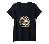 Mujer Ocean Air Salty Hair Beach Club, Estilo Retro, costero, Puesta de Sol Camiseta Cuello V
