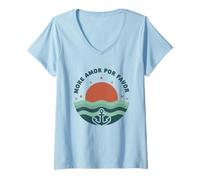 Mujer Ocean Anchor Más Amor Náutico Puesta del Sol Playa Olas Camiseta Cuello V