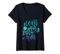 Mujer Ocean Beach Verano Pelo Salado Mar Shell Star Fish Camiseta Cuello V