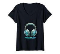 Mujer Ocean Flow Música Subacuática Coral Sound Vibe Camiseta Cuello V