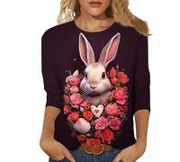 Mujer Ocio Moda Primavera/Verano Cómodo Pascua Extraño Tema Estampado Manga 3/4 Cuello Redondo Camiseta Top 3 (Grey, XXXL)