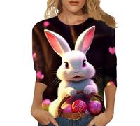 Mujer Ocio Moda Primavera/Verano Cómodo Pascua Extraño Tema Estampado Manga 3/4 Cuello Redondo Camiseta Top 3 (Beige, XXL)