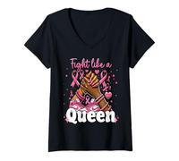 Mujer October Black Woman Fight Like A Queen Breast Cancer Camiseta Cuello V