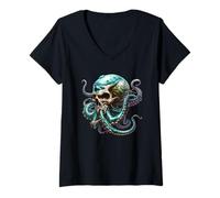 Mujer Octopus Graphic Halloween Sea Creature Horror Kraken Skull Camiseta Cuello V