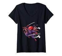 Mujer Octopus Ninja Kawaii Guerrero Japonés Humor Anime Estética Camiseta Cuello V