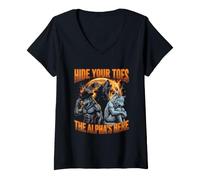 Mujer Oculta Tus Dedos de los pies El Alfa está aquí Funny Alpha Wolf Meme Cringe Camiseta Cuello V