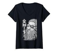 Mujer Odin Viking Warrior God Runes Ravens Mitología nórdica Camiseta Cuello V