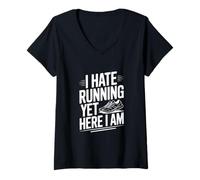 Mujer Odio Correr Pero aquí Estoy Divertido Humor Fitness Camiseta Cuello V