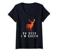 Mujer Oh Ciervo Soy Queer Chistoso Orgullo LGBTQ+ Juego de Camiseta Cuello V