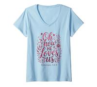 Mujer Oh Cómo Nos ama el día de San Valentín Biblia Cristiana de Jesús Camiseta Cuello V