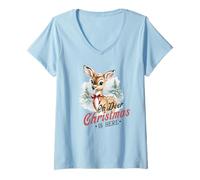 Mujer Oh Deer Christmas is Here, Lindo Animal de bambú Vintage de Invierno Camiseta Cuello V