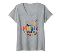 Mujer Oh Hey Pre-K Magic Maker - Colorido Regalo para Maestros Camiseta Cuello V, Gris Jaspeado, XL