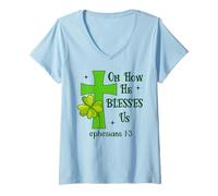 Mujer Oh How He Blesses Us Ephesians 1:3 Christian St Patricks Camiseta Cuello V