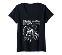 Mujer Oh Lucifer Hijo de la Mañana - Isaías 14:12 Ángel Guerrero Camiseta Cuello V