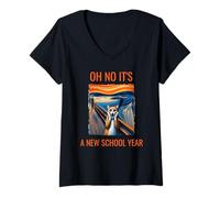 Mujer Oh no, es un gato de año escolar nuevo con humor facial sorprendido Camiseta Cuello V