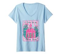 Mujer Oh, Ven, déjanos adorarlo, Pink Church Christmas Christian Girl Camiseta Cuello V