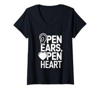 Mujer Oídos abiertos Corazón abierto Empatía Escuchar Mensaje Camiseta Cuello V