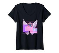 Mujer Ojo Con Alas Ordenador Glitch Seraphim Weirdcore Estética Camiseta Cuello V
