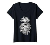 Mujer Ojos de corazón llameantes Que Todos Ven Blackwork gótico Camiseta Cuello V