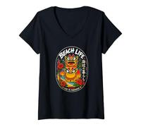 Mujer Okinawa Beach Kawaii Shisa Guardian Lions japonés Kanji Camiseta Cuello V